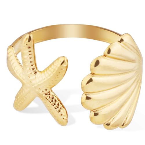 Bague Coquillage Étoile de Mer, Bague Étoile de Mer Dorée Acier Inoxydable Bague Coquillage Réglable Artistique Bijoux Étoile de Mer pour l'Été la Plage...