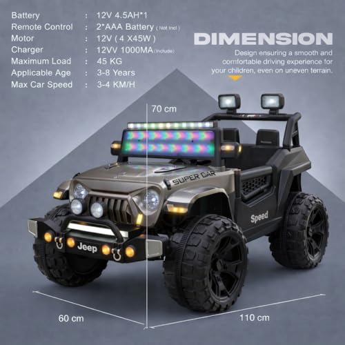 Image of kidsROAR Electric Ride-On Jeep for Kids | Remote Control 12V Battery Operated Rechargeable Big Car with LED Lights Music | Boys & Girls Age 3 to 7 Years (Silver)