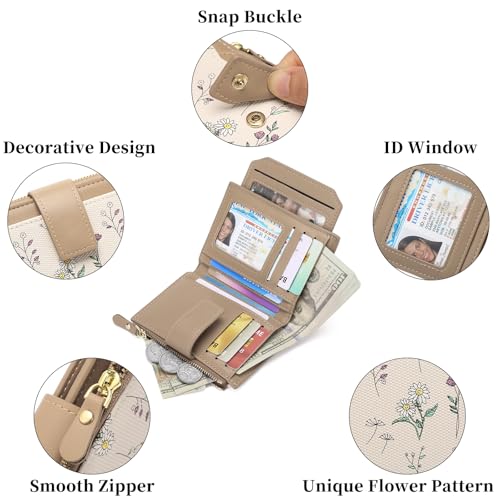 Image of GAEKEAO Small Wallets Woman RFID Blocking Vegan Leather Bifold Floral Ladies Compact Card Holder with Zipper Pocket ID Window
