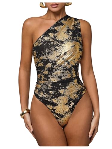 WDIRARA Womens Tie Dye Mesh One Shoulder Bodysuit Metallic Sleeveless Asymmetrical Tank Body Suits Gold Large