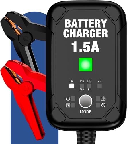1.5A 6V/12V Car Battery Charger – Automatic Trickle Charger, Battery Maintainer with Overcharge Protection & Temperature Compensation – for Lead Acid, AGM, Gel, Lithium Batteries