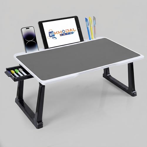Image of Portable Laptop Table for Study & Writing | Foldable Bed Table with White Bidding Finish | Scratch Resistant Wooden Top | Heavy Duty Rust-Free Legs | Multipurpose Study Desk with Drawer (Grey)