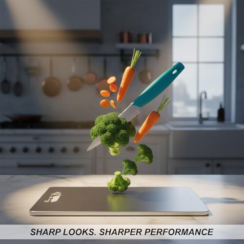 Image of SUPERMOM Kitchen Tool 2 Pc - Combo of Medium Stainless Steel Chopping Board with Stainless Steel Kitchen Utility Knife - Rustproof, Hygienic Cutting Surface for Fruits, Veggies, Meat & Daily Food Prep