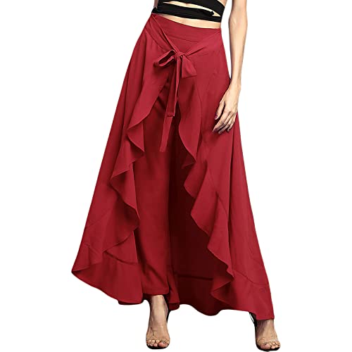 Pantete Womens Wide Leg Dress Pants Palazzo Long Chiffon Trousers with Belt3