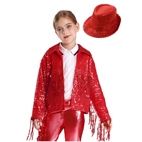 Children Girls Cropped Jacket Modern Hip-hop Jazz Street Dance Tops Sequins Bolero Shrug Cardigan