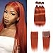REMY HAIR Straight Burnt Orange 3 Human Hair Bundles with Free Part 4Ã—4 Lace Closure 100% Brazilian Mermaid Remy Orange Human Hair Weaves for Women #350 (12 14 16 + C10)