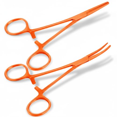 Image of BBTO Hemostat Curved and Straight Hemostat Forceps Piercing Pliers Forceps, Stainless Steel Straight and Curved Pliers, Fishing Tweezer (Orange,2 Pcs)
