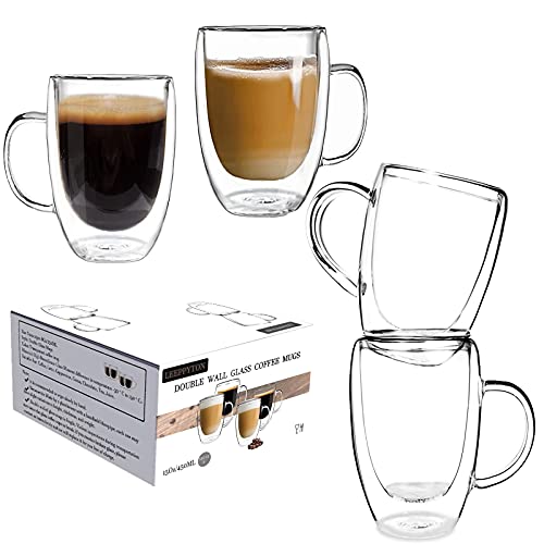 Lot de 4 Tasses à café en verre à double paroi avec anses, tasses isothermes légères, résistant à la chaleur pour cappuccino, latte, thé, (450 ml)