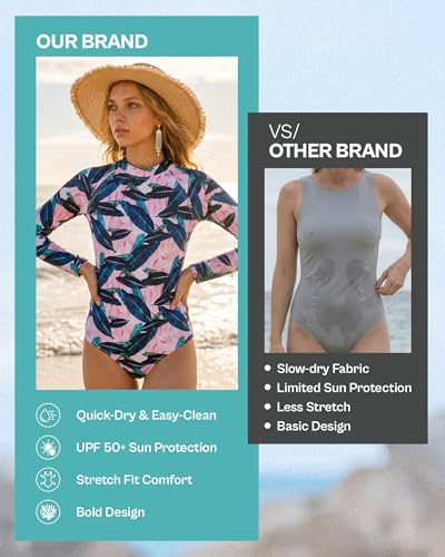 Image of Tame the Sun Long Sleeve Swimsuits for Women - One Piece Tummy Control, UPF 50+ Bathing Suit - Rash Guard, Zipper Swimwear
