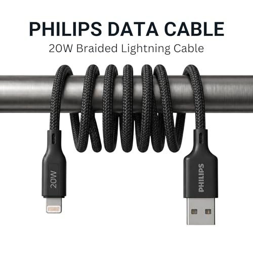 Image of PHILIPS DLC4130VB /94 20W iPhone Original Type-A to Lightning Fast Charging Cable (1m, Dark Slate) | MFi Certified | 480Mbps Data Sync | Nylon Braided | Compatible with iPhone & Other Lightning Devices