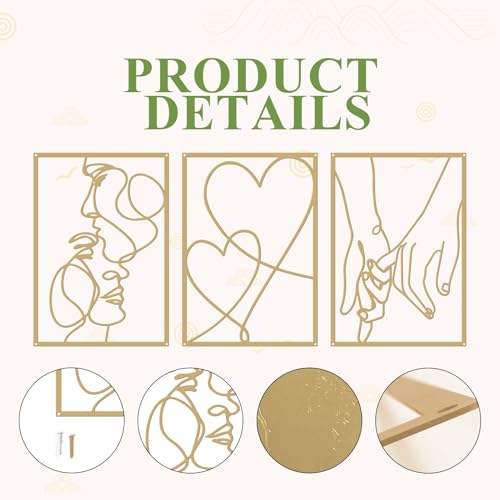 3 Pieces Metal Minimalist Line Wall Art, Valentine's Day Lover Kiss Hand Metal Wall Decor, Aesthetic Modern Home Hanging Wall Art Decor for Bedroom Bathroom Living Room (Gold) - Image 6