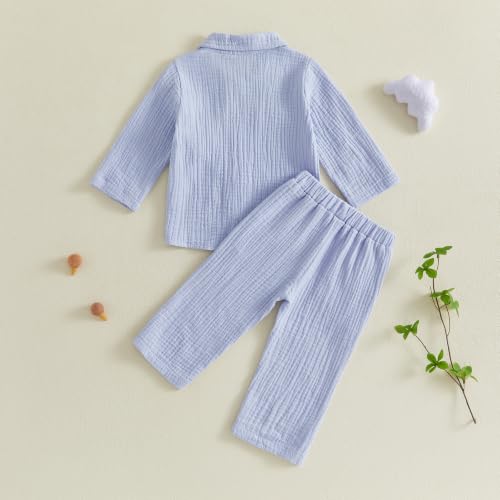 Image of VISGOGO Toddler Boy Linen Outfit Baby Boy Fall Winter Clothes Set Button-Down Shirt Tops Cotton Linen Pants 2PCS