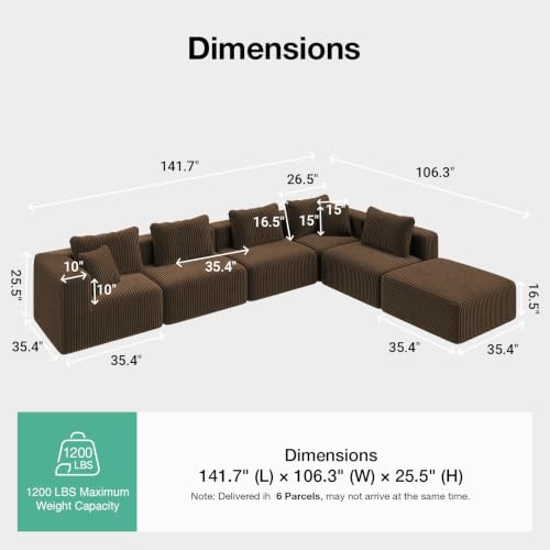 Image of Novilla 141 inch Modular Sectional Sofa, V Shape Customizable Sectional Couch, Modern Cloud Design with Smarts Coil Support, Boneless Couch for Living Room Apartment, No Assembly Required, Brown