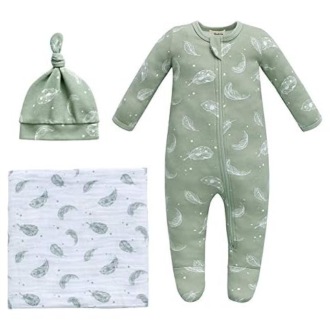 Owlivia Organic Take Me Home Outfit Set, Newborn Baby Boy Girl Footed Pajama Hat and Muslin Blanket Gift Set,3 Pcs(Feather Green, Newborn) Cover