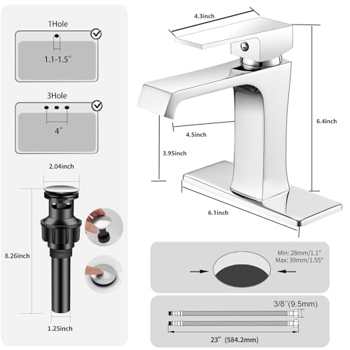 YEUALUQAN Waterfall Bathroom Faucet Chrome Bathroom Sink Faucet, Modern Single Hole Bathroom Faucet, Single Handle RV Sink Vanity Faucet—Includes Pop-Up Drain, Suitable for 1-Hole or 3-Hole - image 5