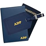 Personalized Monogrammed Navy Leather RFID Passport Wallet and Luggage Tag
