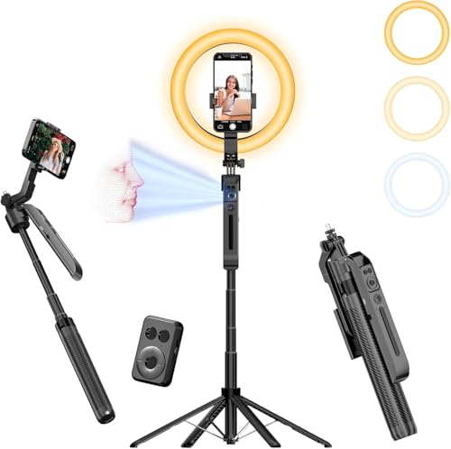 Image of Auto Face Tracking Self Stick Tripod for iPhone with 10 inch Ring Light Hands-Free 360Adjustable 70.9 Inch Smart Phone Stand with Remote for Content Creator Vlog Video Recording