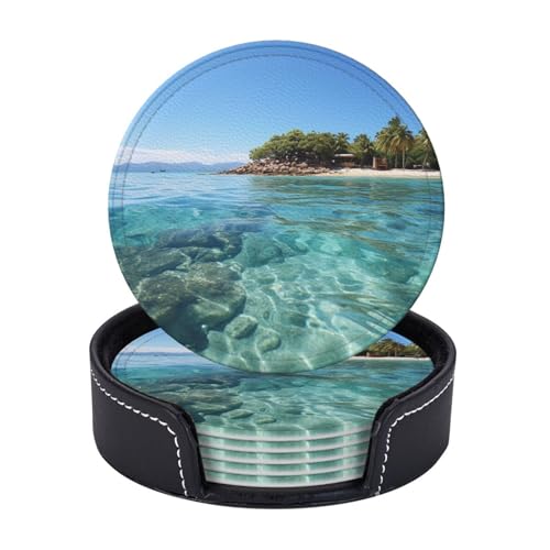 Lot de 6 dessous de verre ronds avec support pour boissons, île des Fidji et sous-verres transparents résistants à la chaleur, dessous de verre antidérapants en cuir pour table basse, cuisine, salle à