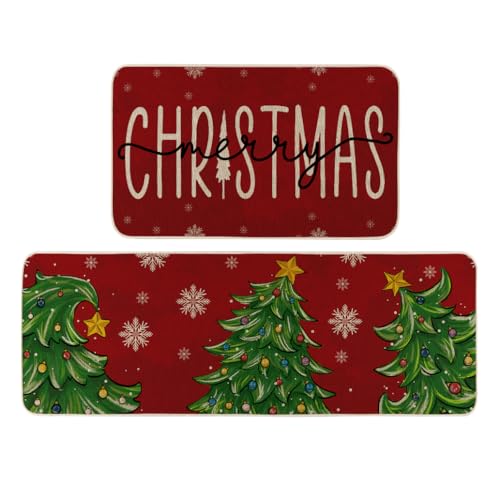 Xmas Tree Snowflakes Red Merry Christmas Kitchen Rugs Set of 2, Winter Xmas Home Decor Low-Profile Kitchen Mats for Floor - 17x29 and 17x47 Inch