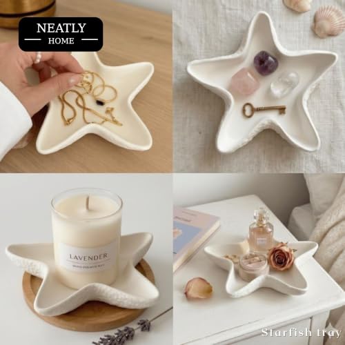 Image of Aesthetic Handmade Starfish Trinket Tray Handmade | Jewelry Organizer | Vanity Tray for Women | Minimalist Home Decor, Candle Holder & Multipurpose - 13 x 13cm