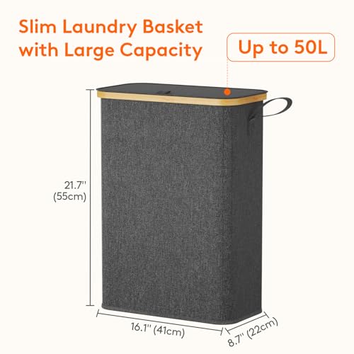 Lifewit 50L Slim Laundry Basket with Lid, Narrow Laundry Bin with Removable Bag & Bamboo Handles, Foldable Thin Dirty Clothes Hamper for Laundry, Bathroom, Bedroom, Dorm (Dark Grey)
