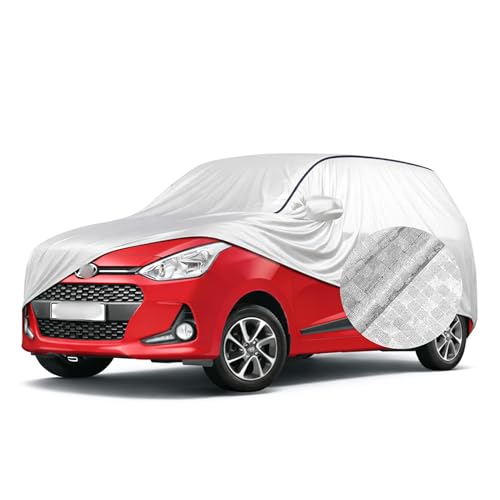 Image of SEAZEN Waterproof Car Cover for Hyundai Grand i10 | Dustproof, UV & Scratch Resistant Soft Cotton Lining | Triple Stitched, Mirror Pockets & Elastic Hem | Metallic Silver with Black Piping
