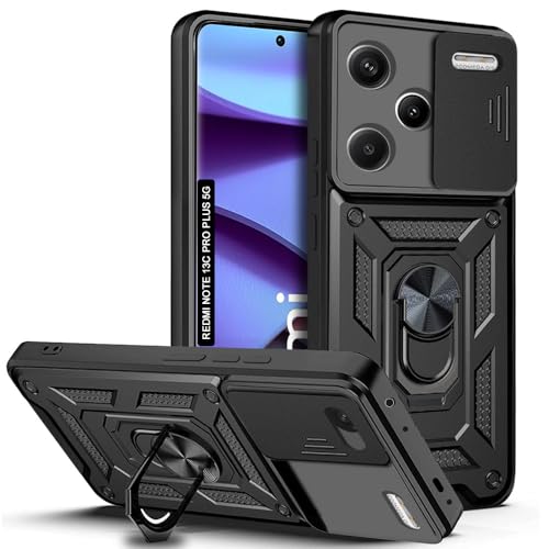 Image of AESTMO Polycarbonate Tough Armor Redmi Note 13 Pro Plus Bumper Back Case Cover|Ring Holder & Sliding Camera Shield Cover|360 Degree Protection Back Case Cover for Redmi Note 13 Pro Plus (Black)