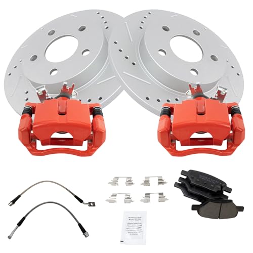 Image of TRQ Performance Rear Brake Pad and Rotor Set Ceramic Coated Slotted Drilled Calipers Compatible with 2005-2007 Chevrolet Malibu