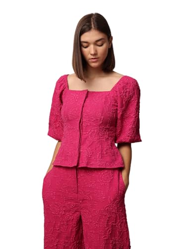 Image of ONLY Women Polyester Regular Fit Jacquard Weave Square Neckline Puff Sleeves Top