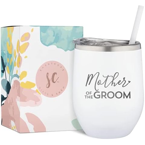 Mother Of The Groom Tumbler - 12 oz Engraved White Stainless Steel Insulated Wine Tumbler with Lid and Straw | Wedding Party Cover