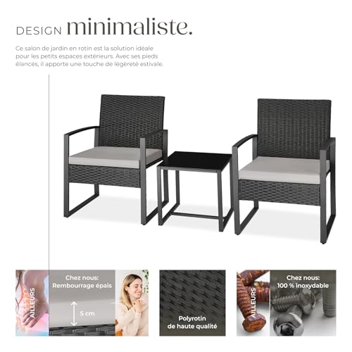 tectake® Ensemble Salon de Jardin Exterieur 2 Chaise Confortable avec Table de Jardin en Poly Rotin et Acier, Mobilier de Jardin pour Amenagement Balcon Terrasse - Noir – vue 3