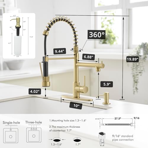 Image of AIMADI Gold Kitchen Faucet with Soap Dispenser,Commercial Single Handle | pull down Kitchen Faucets with Sprayer,Brushed Gold,for 1-hole or 3-hole sinks,Farmhouse RV Laundry