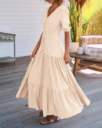 BTFBM Women Summer Dresses Short Sleeves V Neck Button Drawstring Maxi Dresses Solid Color Boho Long Dresses4