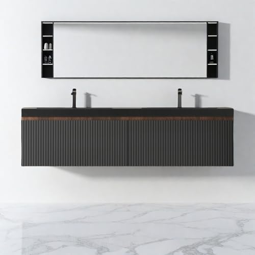 Image of Wall Mounted Bathroom Sink Vanity, Modern 60 inch Floating Vanity with 2 Resin Top Basins and 2 U-Shaped Soft-Close Storage Drawers, Striped Bathroom Storage Cabinet with Invisible Handle, Black