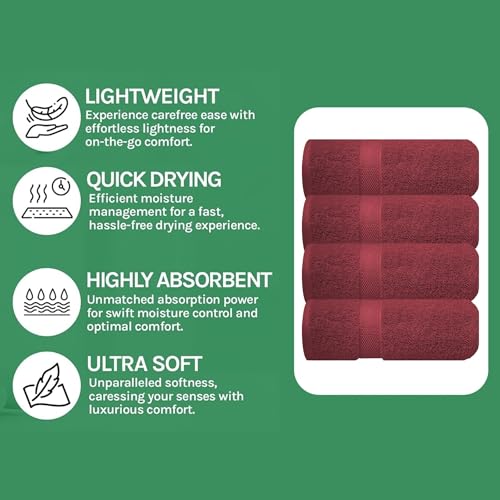 Image of Sulfar 100% Combed Cotton, Quick Drying Highly Absorbent, Luxury Hand Towel Set (Pack of 4, 40 X 70 cm) Red Wine