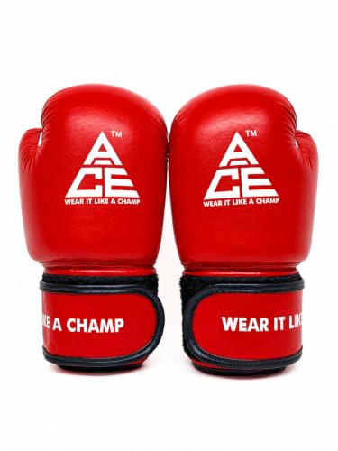 Image of ACE Genuine Leather Boxing Gloves | Adult Training Gloves for Sparring | Shock Absorbing Padding | Secure Wrist Strap | Punching Bag Workout | Red | 8 oz