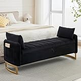 AEMEIOS 66' End of Bed Storage Bench King Size, Velvet Storage Benches for Bedroom Foot of Bed, Upholstered Storage Ottoman Bench with Golden Legs and Pillow for Living Room Window Entryway, Black