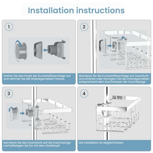RUIHANDA Duschablage Ohne Bohren, Duschregal für RUNDE Stangen 18mm-25mm Duschstange, Shampoo Halterung für Dusche mit 12 Haken