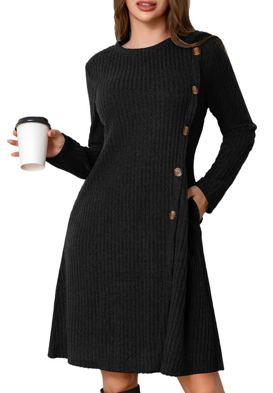 Ritiriko Herbst Kleider Damen Pulloverkleid für Langarmkleid Damen Knopf Lässiges Tunikakleid mit Taschen Rundhals Strickkleid Damen Herbst Schwarz...