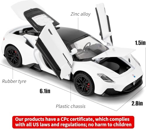 Image of 1:32 Maserati MC20 Alloy Model Car with Pull Back Function Light & Sound Diecast Toy for Kids Collectible Toy Vehicle for Car Enthusiasts Boys and Girls (White)