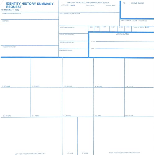 Crime Scene FD-1164 Card, for FBI Identity History Summary Checks, Pack of 50