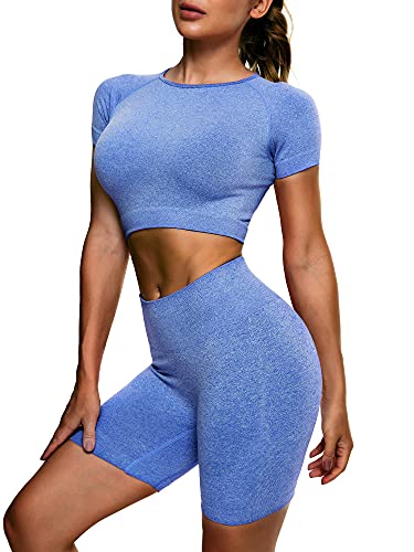 LOGEEYAR Seamless Workout Set for Women 2 Piece High Waisted Yoga Sports Shorts Tracksuits Athletic Outfits Gym Clothes Blue