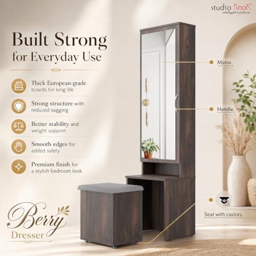 Image of Studio Kook Berry Dressing Table with Mirror & Stool, Junglewood | Engineered wood unit with a 109 x 40 cm mirror, concealed shelves and cushioned storage stool on castors. Height: 179 cm.