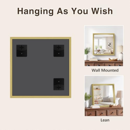 Image of Bathroom Mirror, 24 x 24 inch Natural Wood Grain Colored Aluminum Metal Frame Bathroom Vanity Mirror, Square Wall Mirror for Bedroom Living Room, Tempered Glass,Anti-Rust