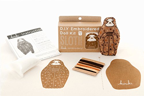 Image of Kiriki Press DIY Embroidery Doll Kit - Skill Level 1 - Beginner to Advanced Embroidery Kits for Adults Teens (3 Skill Levels) Animal Embroidery Kit - Screen Printed Pattern (Sloth - Level 1)
