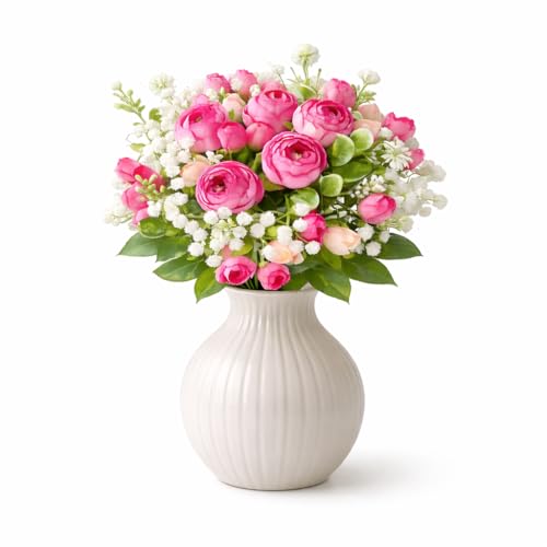 Image of Artificial Flowers Bunch for Home Decor Living Room, Peony Flower with Baby Breath, Decorative Items, Indoor Plants Alternative, Flower Bunch for Vase, 30 cm (Vase Not Included) (Pink Dark)