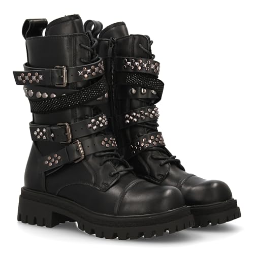 96211 Estas Botas de Estilo Militar, Diseno Robusto, Multiples Correas con Hebillas metalicas y Plataforma. Suela Dentada Gruesa, Ideal para Mujer Temporada Otono Invierno. Negro Talla 40