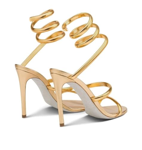 Perixir Gold Sparkly Rhinestone Heeled Sandals, Women's Snake Wrap 2023 Club Stiletto Heels, 3.9" Stiletto Pointed Prom Heels, Open Toe, US Size 6-124