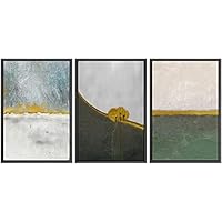 SIGNWIN Framed Canvas Print Wall Art Trio of Watercolor Landscapes with Gold Horizon Abstract Shapes Illustrations Modern Art Multicolor Pastel for Living Room, Bedroom, Office - 16