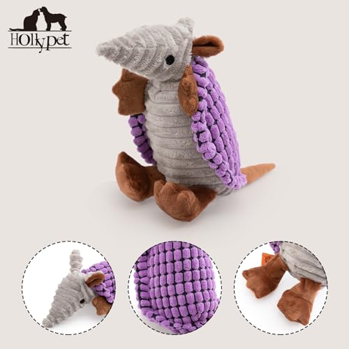 Image of Hollypet Plush Dog Squeaky Toy Stuffed Armadillo Animal Pet Puppy Chew Toys with Clean Teeth for Small Medium Large All Breed Sizes Dogs, Purple, 8 in